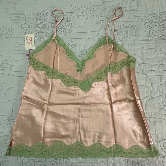 NEW Pearl Lace Two Tone Silk Cami Sz L Peach Nectar Green Lace - Picture 6 of 6